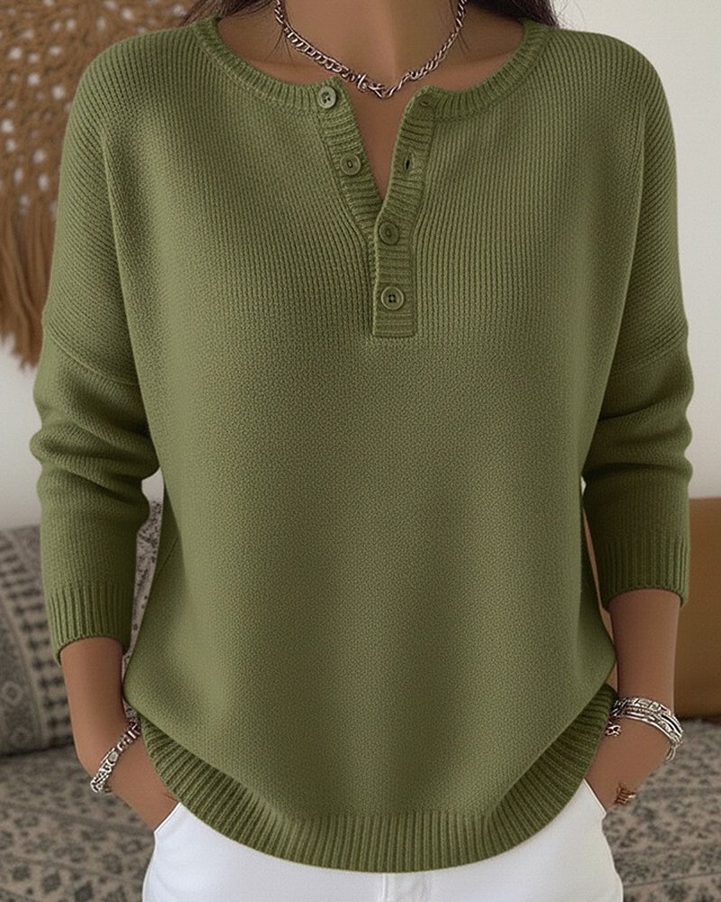 Olive green henley button-up knit sweater with short button placket