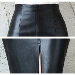 Black leather pencil skirt close-up of front seam and center slit