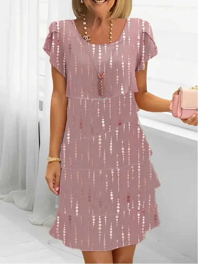 Ash pink ruffle mini dress with cap sleeves and vertical sequin bead stripes