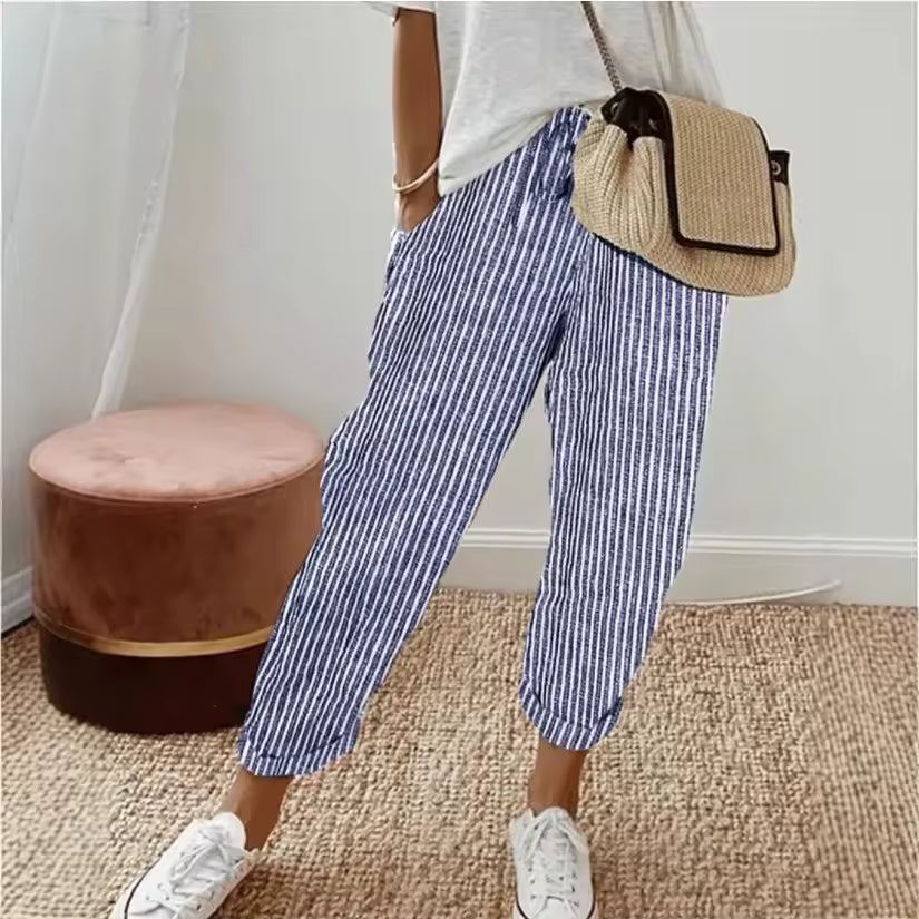 Penelope breathable striped trousers, navy with white vertical stripes, cropped hem