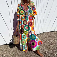 Boho maxi dress with rainbow circle print, V-neck, button front, ruffled sleeves