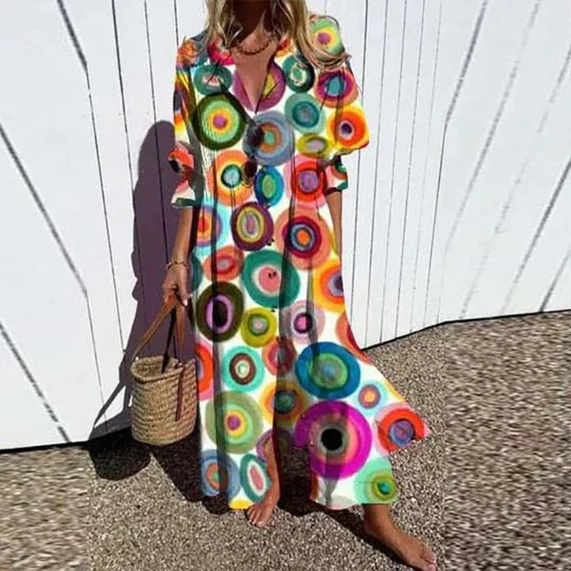 Boho maxi dress with rainbow circle print, V-neck, button front, ruffled sleeves