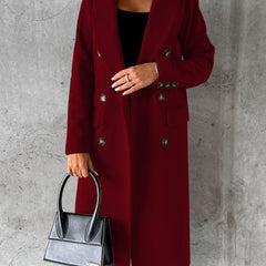 Burgundy longline double-breasted coat with notched lapels and flap pockets