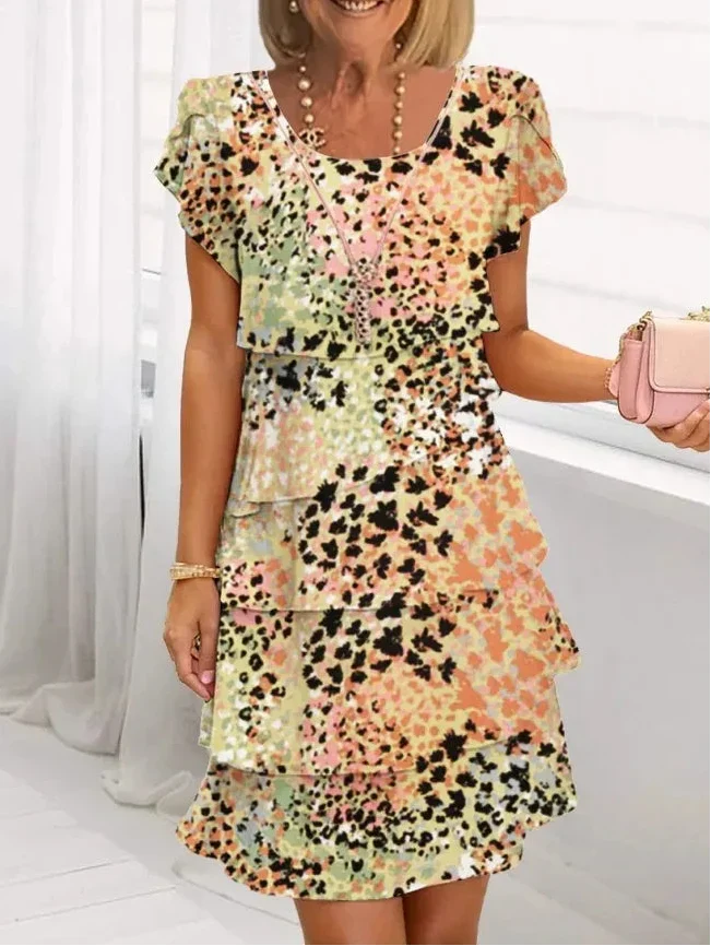 Multicolor ruffle tier dress with short sleeves and square neckline