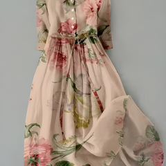 Elara™ floral dress with cream/pink base, long sleeves, button-front, Peter Pan collar