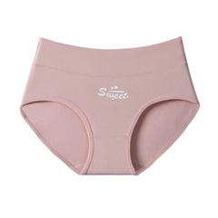 High-waisted cotton briefs in soft mauve with 'Sweet' text and curved leg seams
