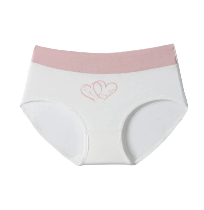 High-waisted cotton briefs in white with pink heart outline on the front