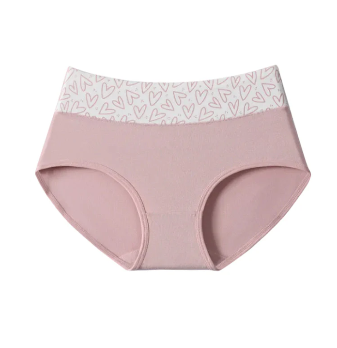 High-waisted cotton briefs in pale pink with wide waistband and smooth leg openings