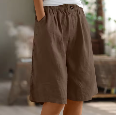 Brown relaxed everyday summer shorts with elastic waistband and side pockets