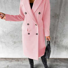 Soft pink longline double-breasted coat with notched lapels and flap pockets