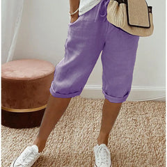 Lightweight summer shorts in lilac purple, cuffed hem and elastic waist
