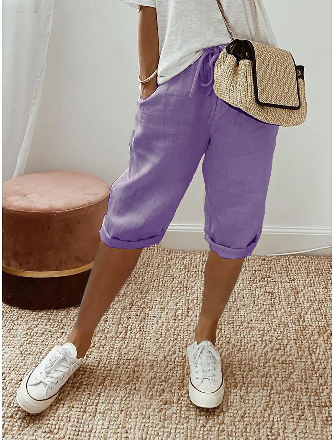 Lightweight summer shorts in lilac purple, cuffed hem and elastic waist
