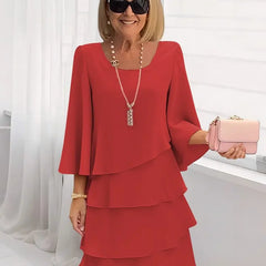 Red ruffle dress with long bell sleeves and layered tier skirt, scoop neckline