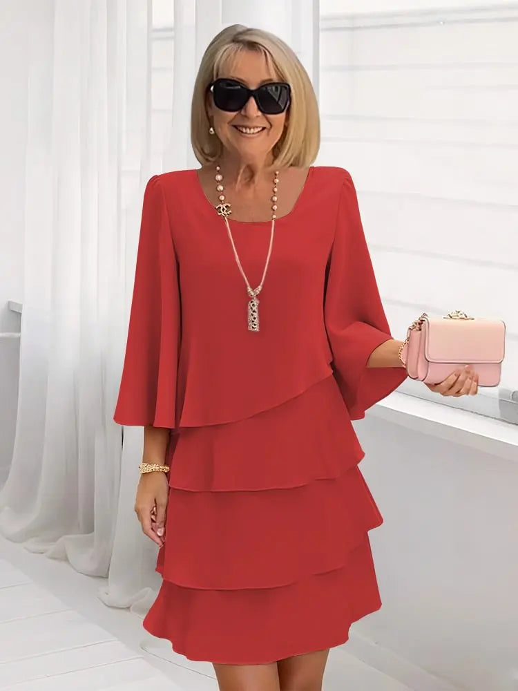 Red ruffle dress with long bell sleeves and layered tier skirt, scoop neckline