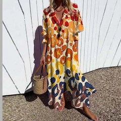 Boho maxi dress with red and gold abstract dot print, V-neck, button front