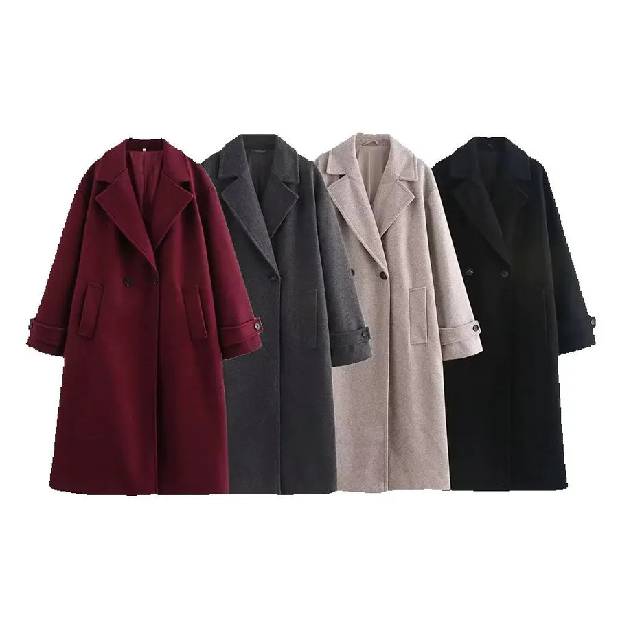 Longline luxe coats set in burgundy, dark grey, beige, and black with notched lapels