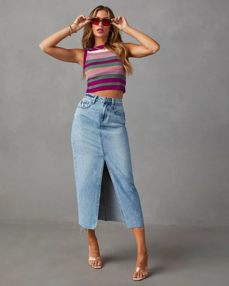 High-waist denim skirt with front slit, light-to-medium blue wash