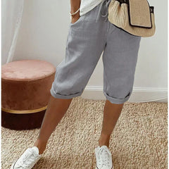Lightweight summer shorts in light grey, cuffed hem and elastic waist