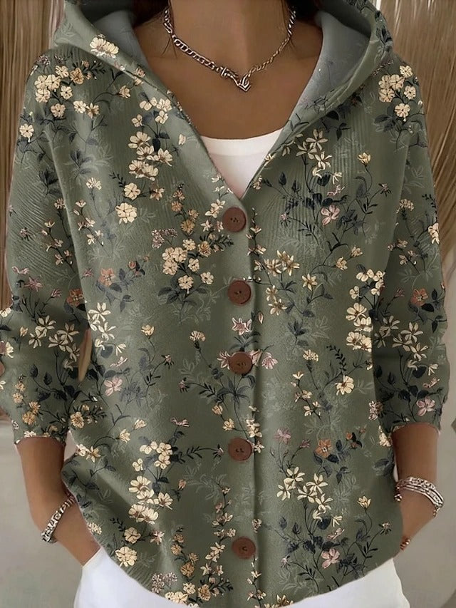 Hooded button-front cardigan in dark green with small floral print