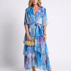 Blue watercolor print layered V-neck maxi dress with tie waist and sheer ruffle tiers