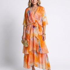 Orange watercolor print layered V-neck maxi dress with tie waist and tiered sheer ruffles