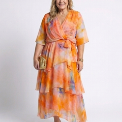 Orange watercolor print V-neck tie-waist maxi dress with layered sheer ruffle tiers