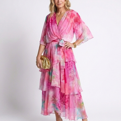 Pink watercolor print layered V-neck maxi dress with tie waist and tiered sheer skirt