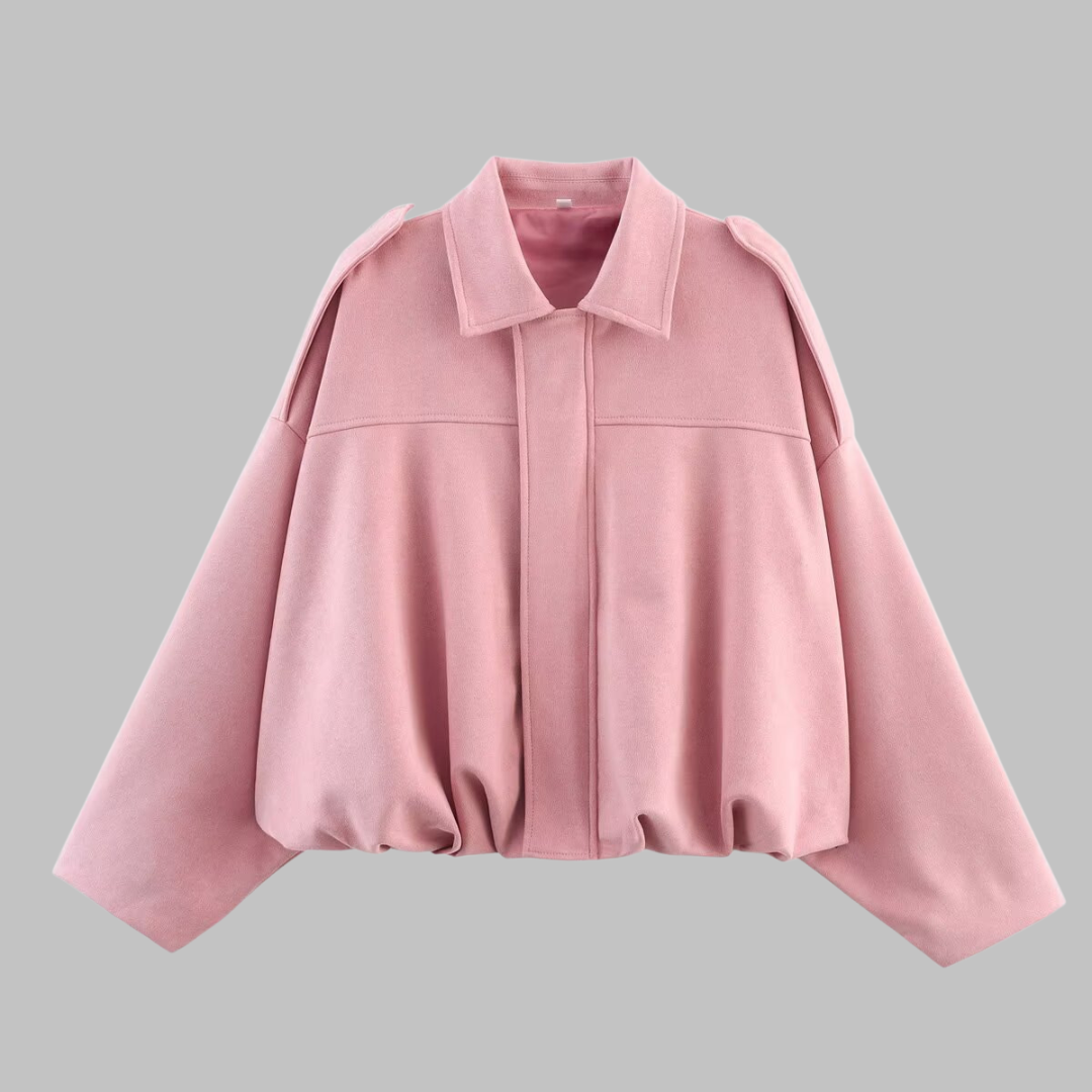 Loose military jacket in pale pink with turn-down collar and center zip