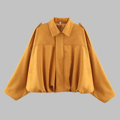 Loose military jacket in mustard yellow with turn-down collar and center zip