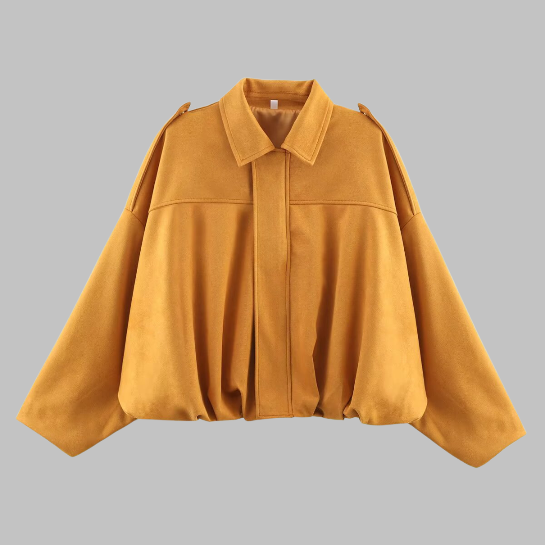 Loose military jacket in mustard yellow with turn-down collar and center zip