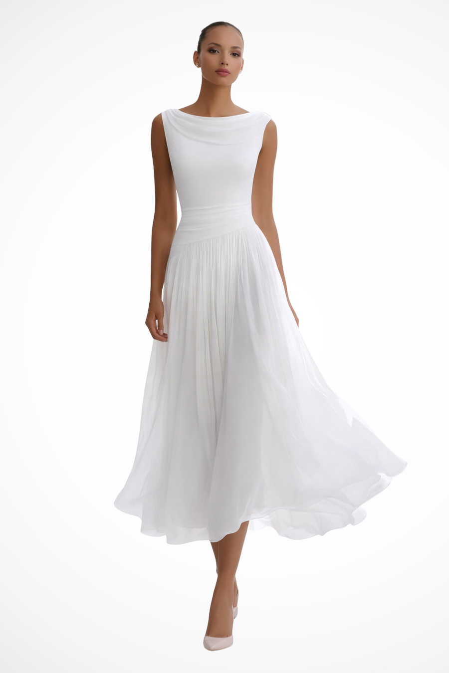 White sleeveless midi dress with draped cowl neckline and pleated, flowy skirt