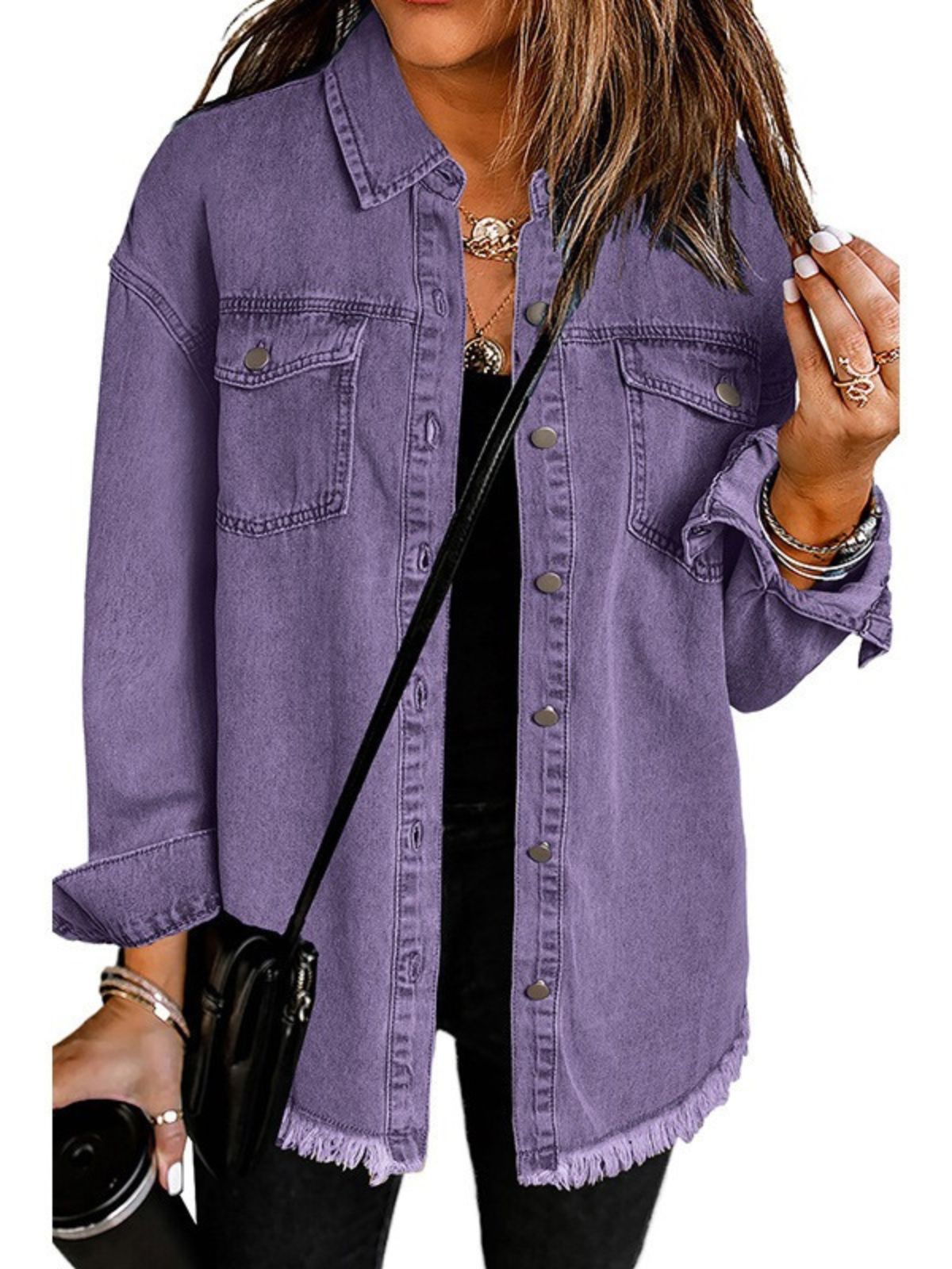 Violet denim jacket with button front, chest pockets, and frayed hem.