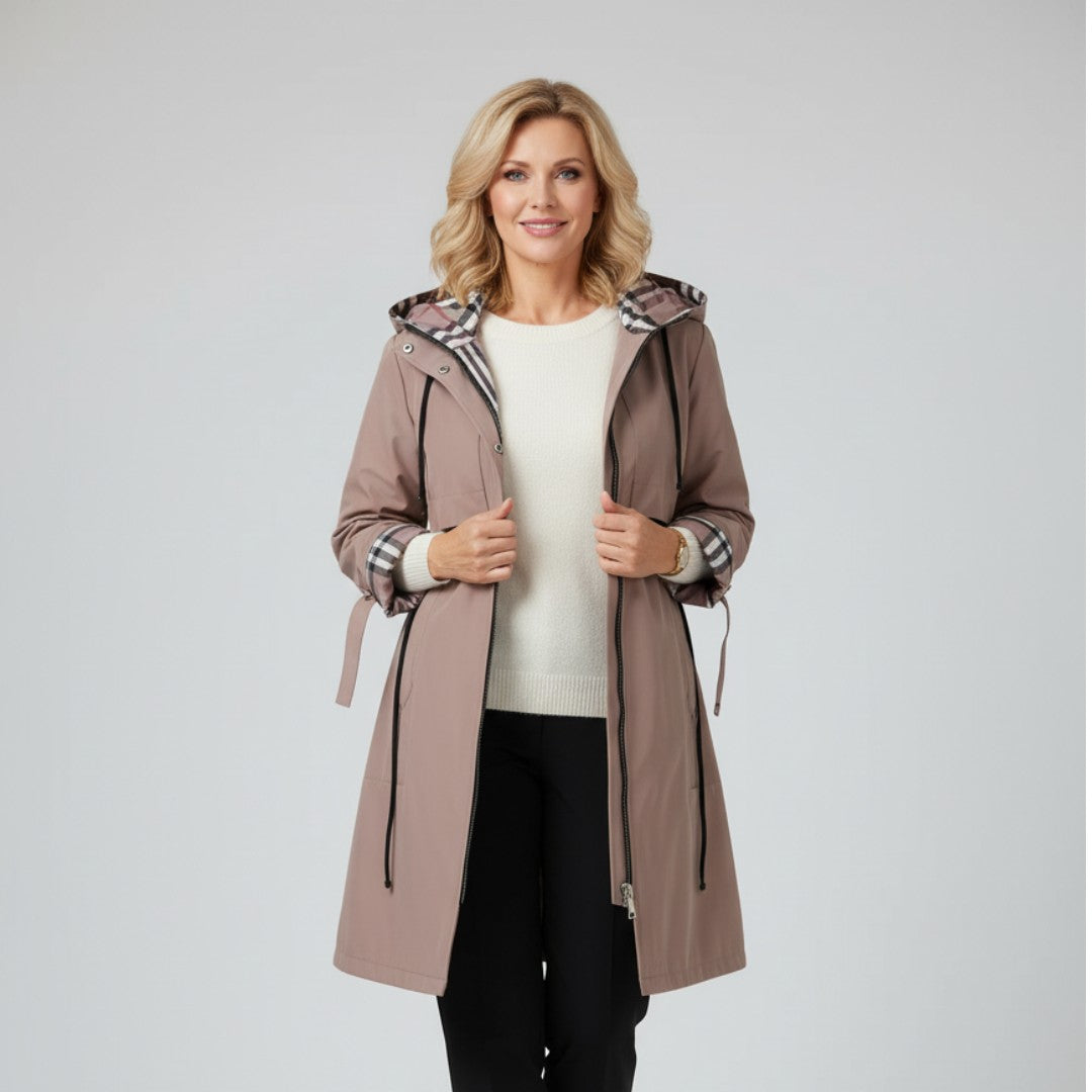 Brown waterproof zip coat with hood, plaid lining and drawstring tabs at waist