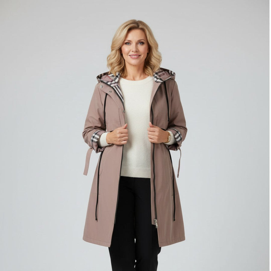 Brown waterproof zip coat with hood, plaid lining and drawstring tabs at waist