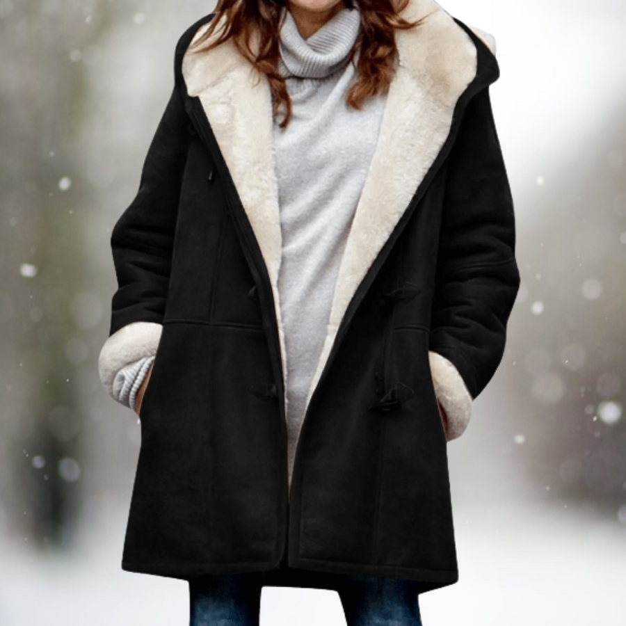 Sherpa-lined warm fall jacket in black with front pockets and button closure