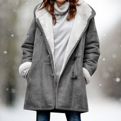 Sherpa-lined warm fall jacket in gray with front pockets and button closure