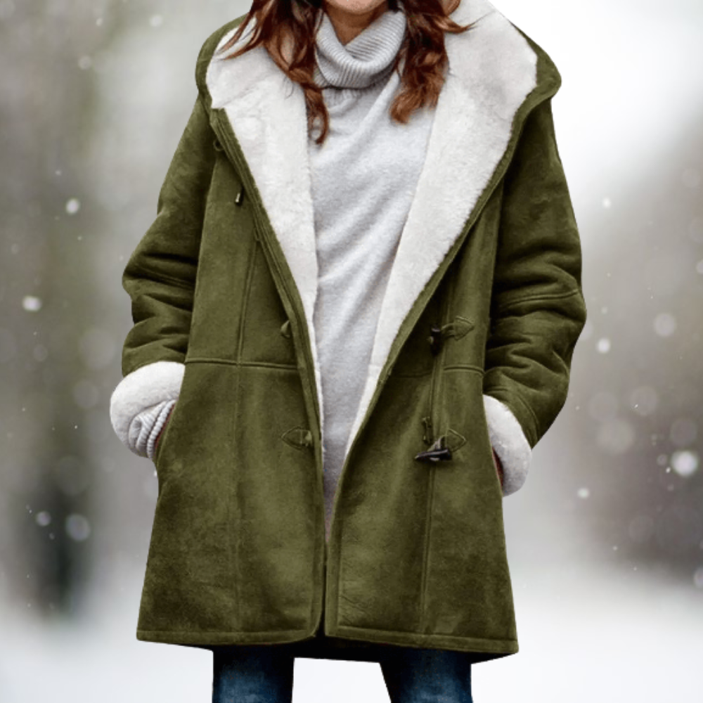 Sherpa-trim warm fall jacket in olive green, long sleeves, front pockets