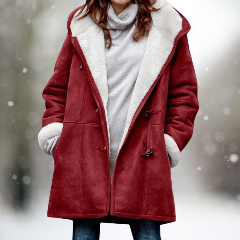 Sherpa-lined warm fall jacket in wine red with front pockets and button closure