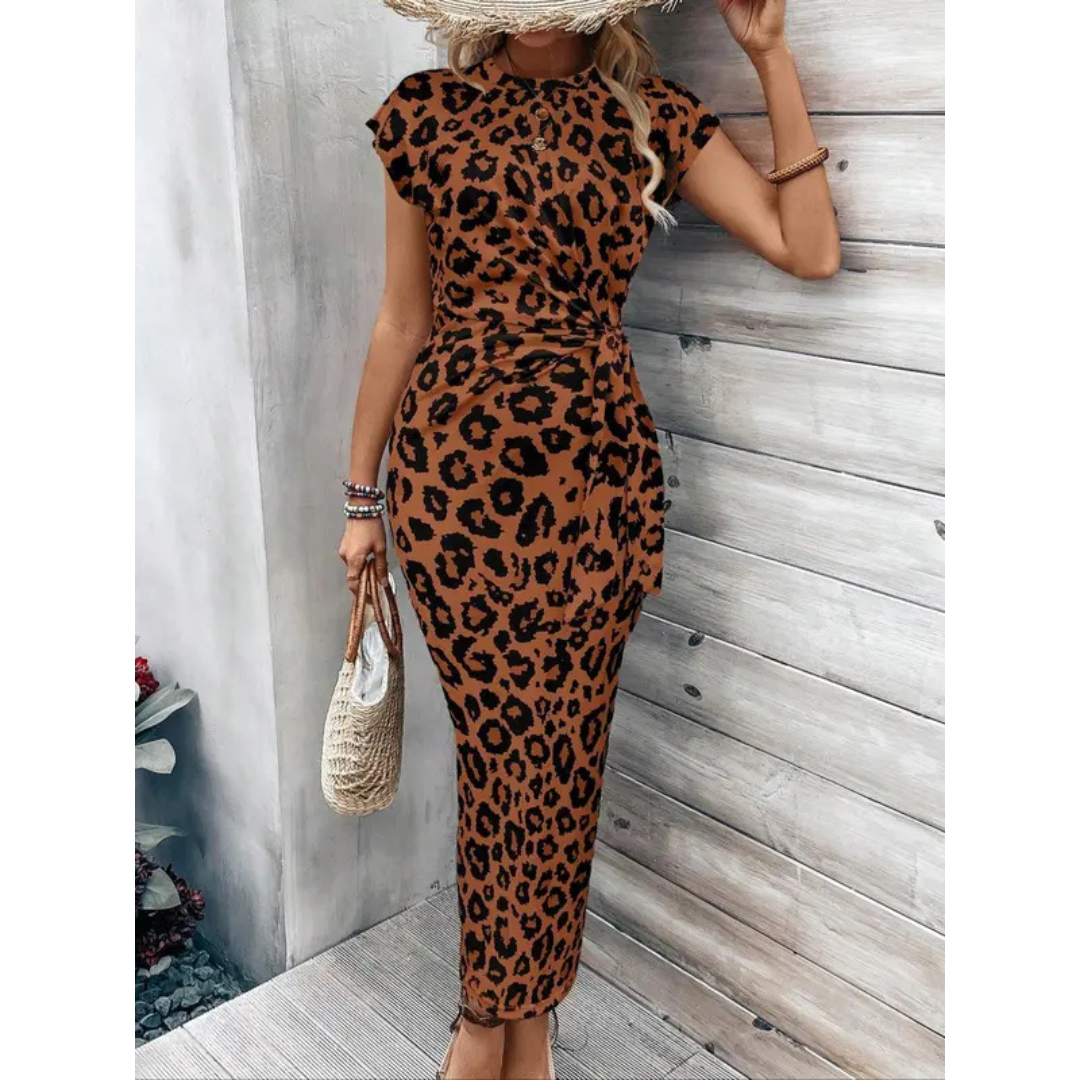 Leopard print bodycon midi dress with crew neck flutter sleeves, rust brown and black spots.