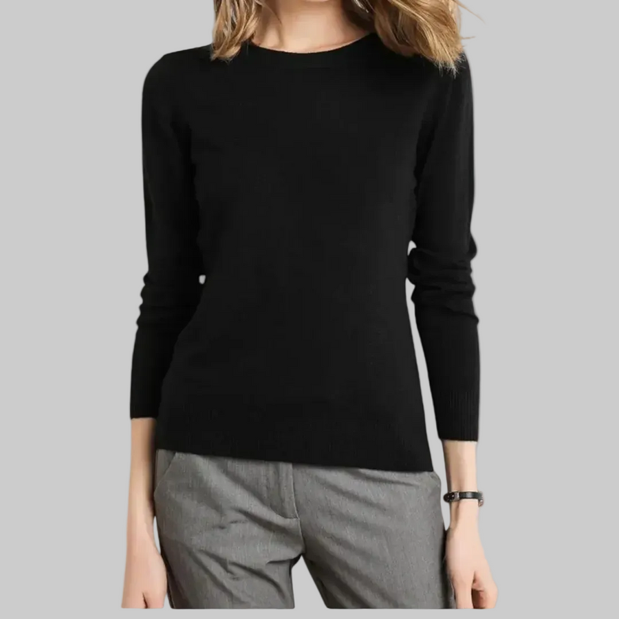 Women’s black O-neck knit sweater, long sleeves, ribbed cuffs and hem