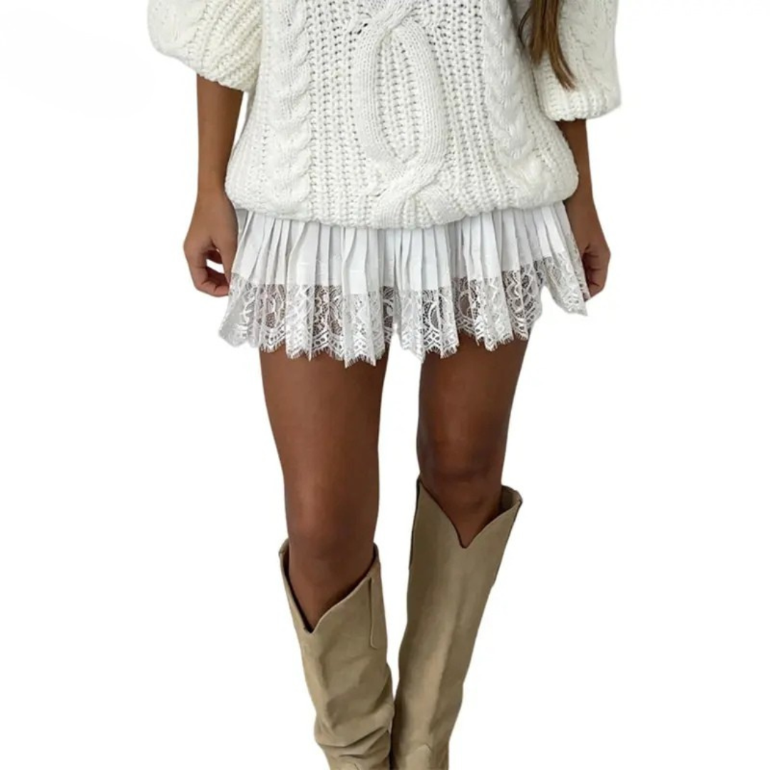 Low-waist white lace mini skirt with pleated A-line and ruffled lace hem