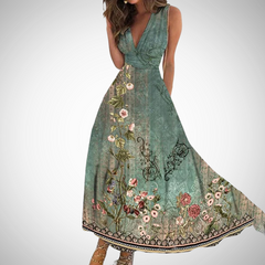 Green floral maxi dress, sleeveless V-neck with seam details and patterned hem border