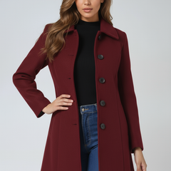 GRACE waterproof windproof zip coat in dark red, button-front with stand collar