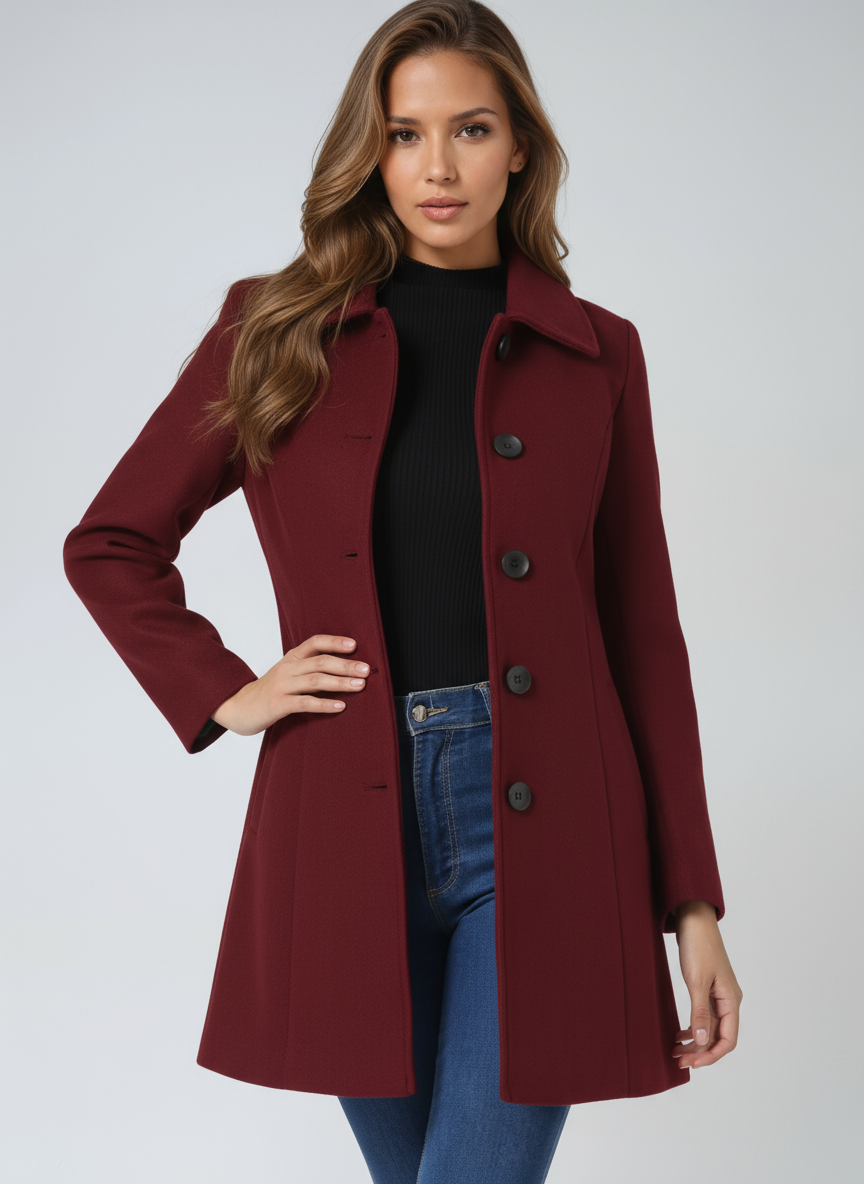 GRACE waterproof windproof zip coat in dark red, button-front with stand collar