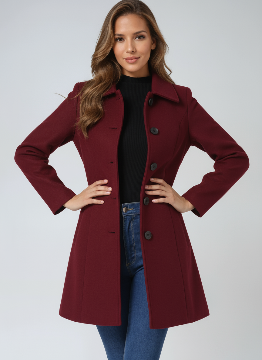 GRACE waterproof windproof zip coat in dark red, longline button placket