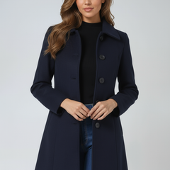 GRACE waterproof windproof zip coat in dark blue, stand collar and button placket