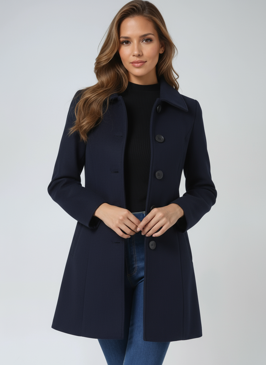 GRACE waterproof windproof zip coat in dark blue, stand collar and button placket