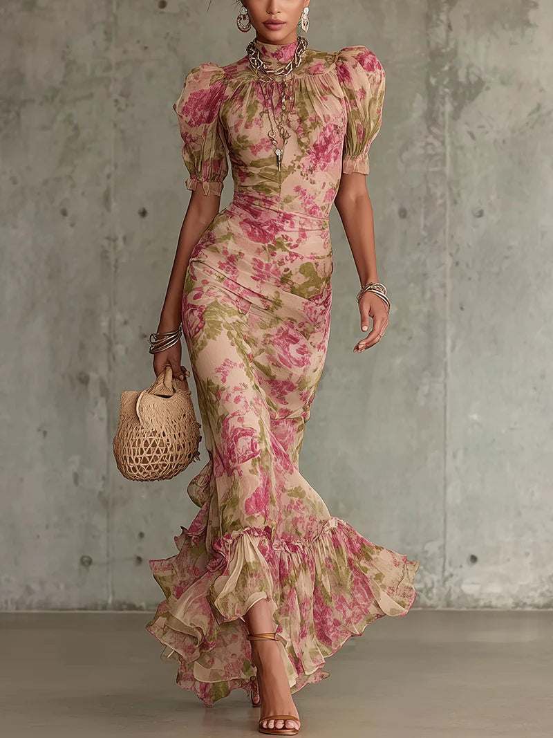 Pink floral puff-sleeve maxi dress with ruched bodice and ruffled hem