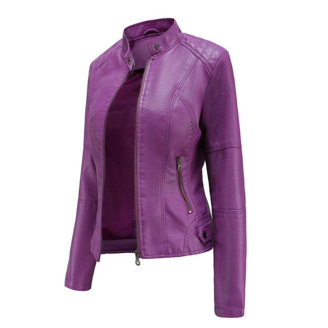 Violet zip-up jacket with stand collar, front zipper, and zip pocket