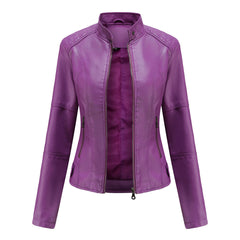 Violet sleek zip-up jacket with stand collar and front zipper